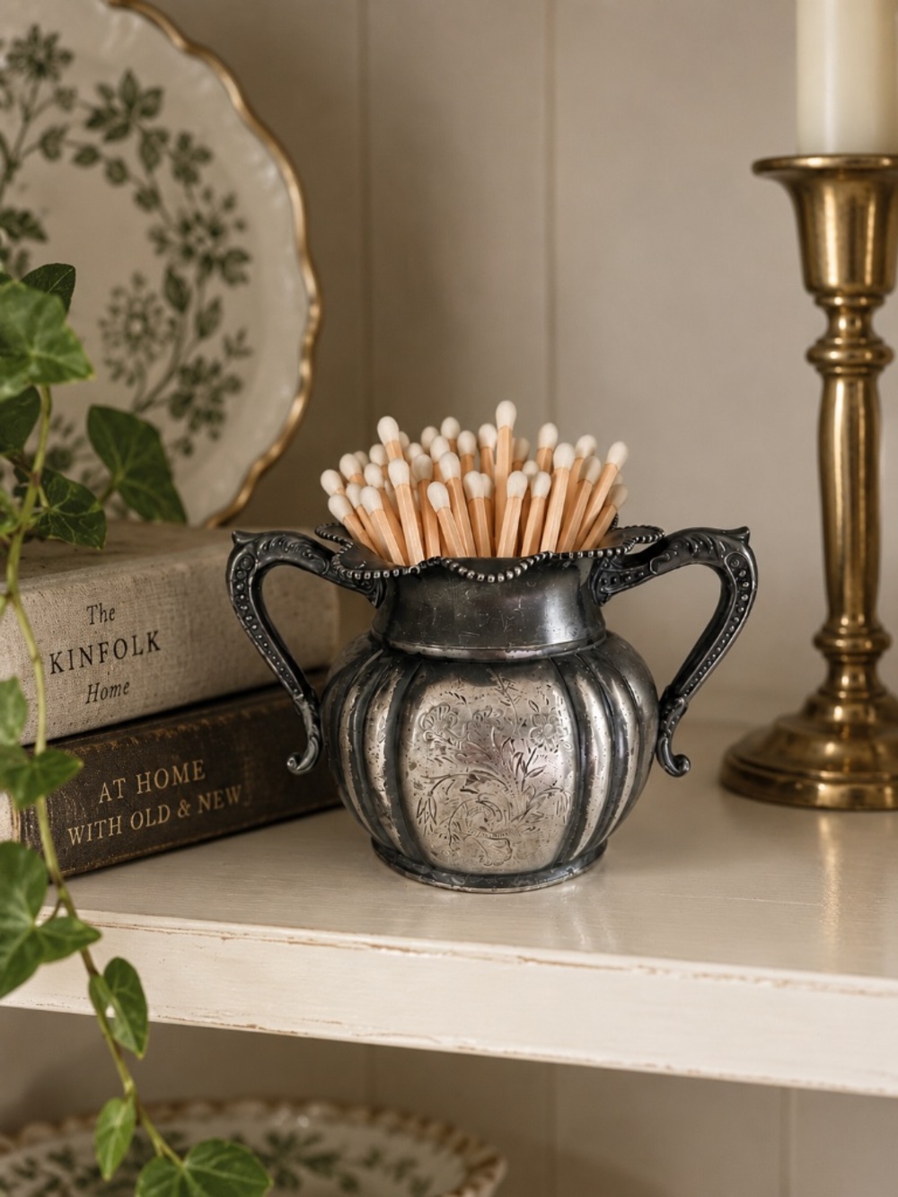 Antique Silverplated Sugar Bowl Matchstick Holder Rustic Old World Decor
